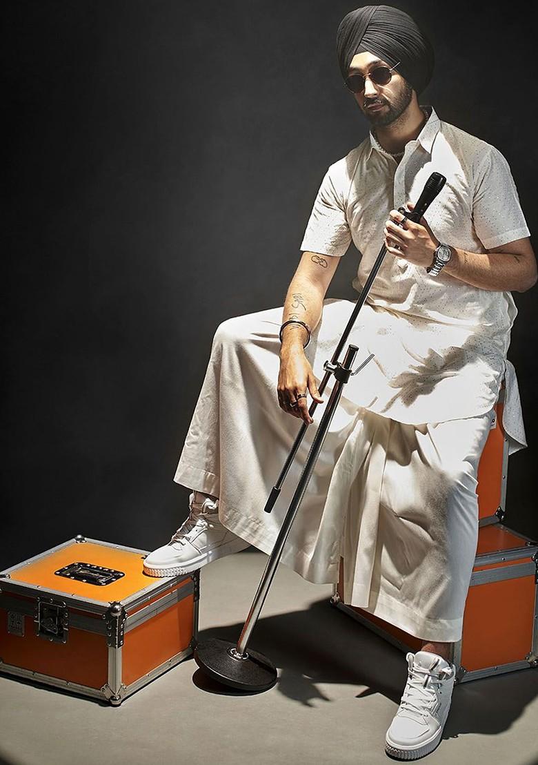 White Embroidered Poly Blend Kurta Set For Men