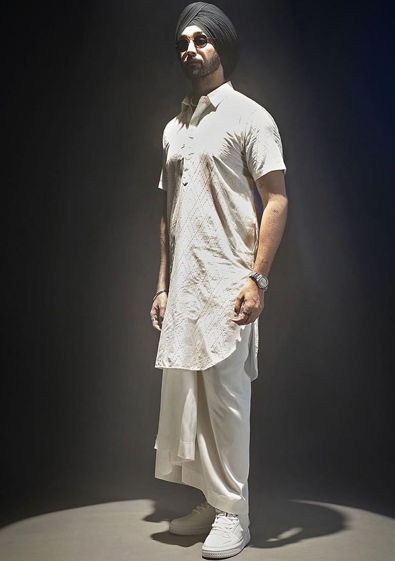 White Embroidered Poly Blend Kurta Set For Men