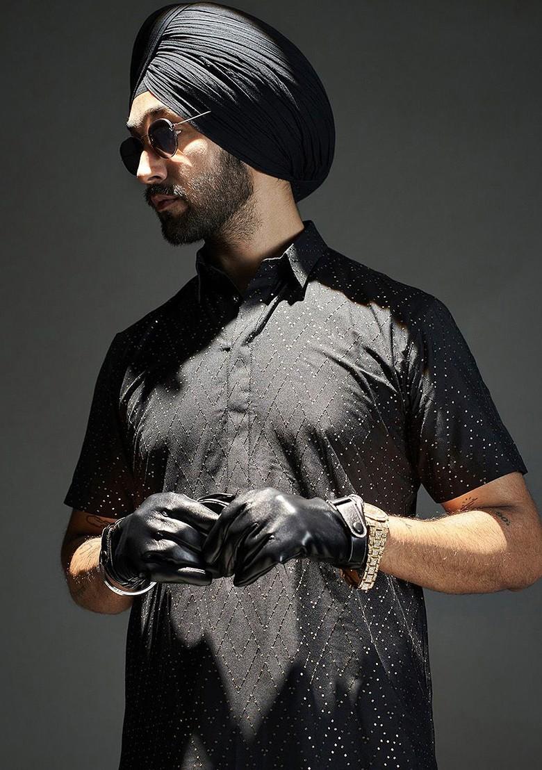 Black Embroidered Poly Blend Kurta Set For Men