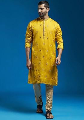 Mustard Floral Print Poly Blend Kurta Set For Men