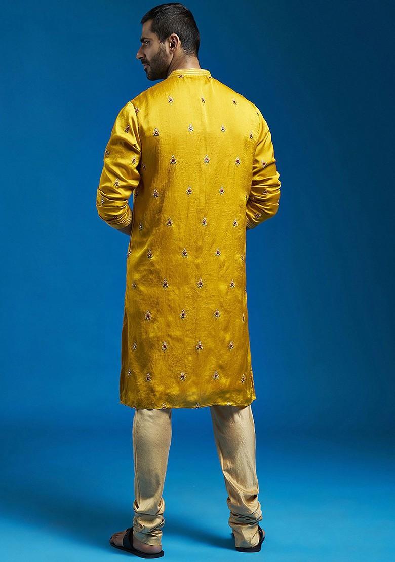 Mustard Floral Print Poly Blend Kurta Set For Men