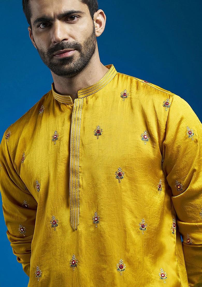 Mustard Floral Print Poly Blend Kurta Set For Men