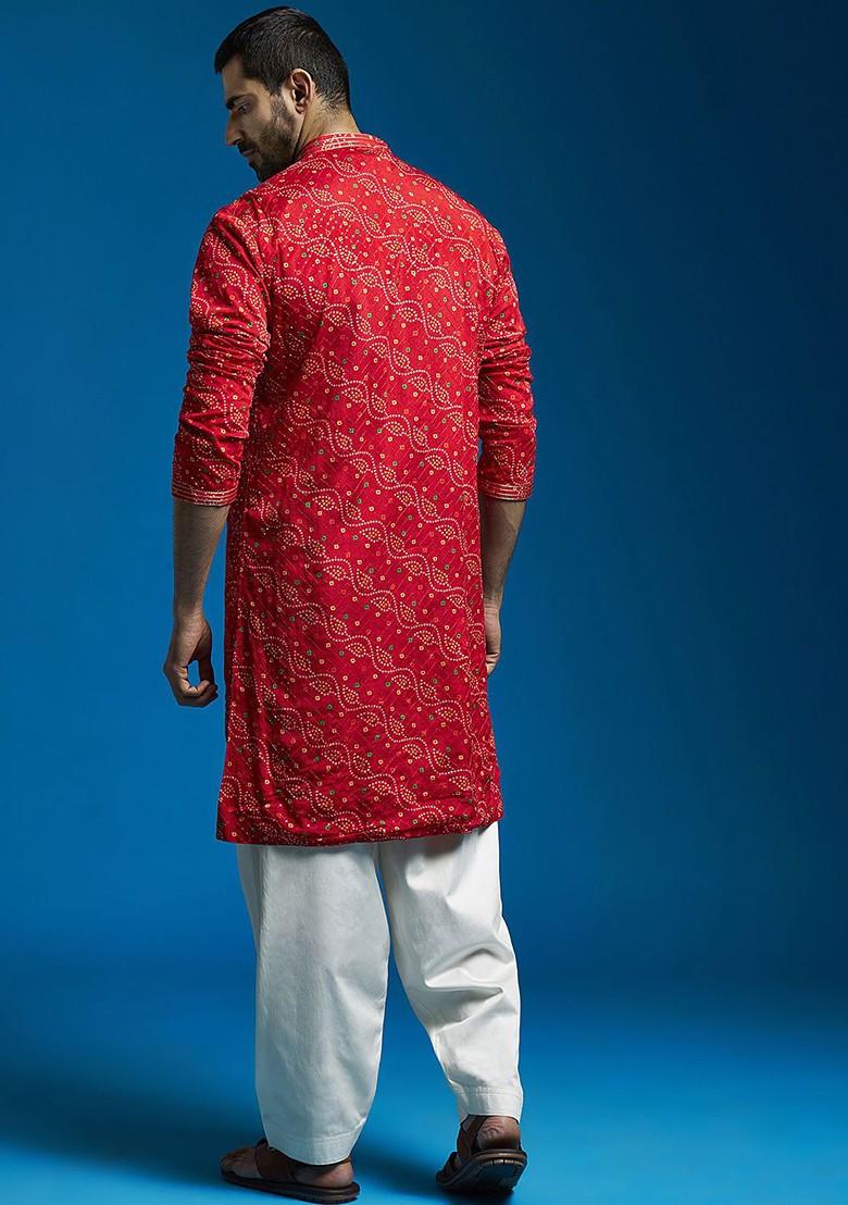 Red Bandhani Print Chinon Kurta Set For Men