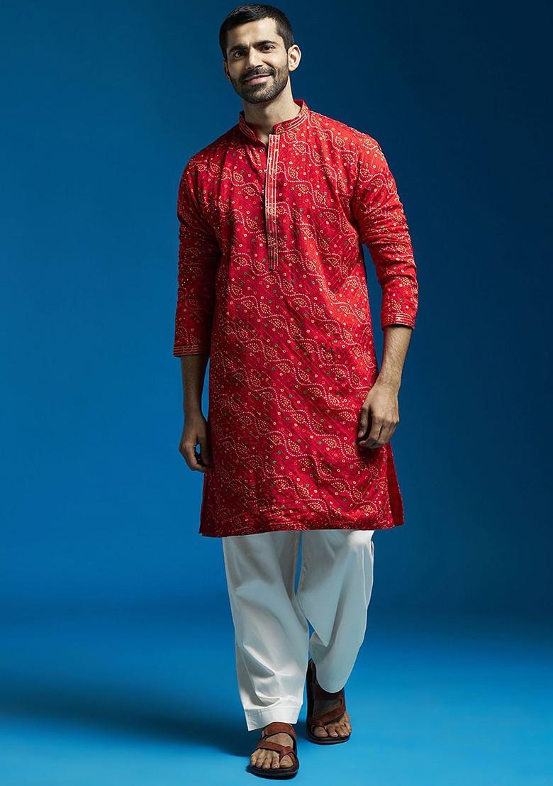 Red Bandhani Print Chinon Kurta Set For Men