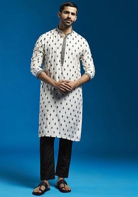 Cream Floral Print Poly Blend Kurta Set For Men