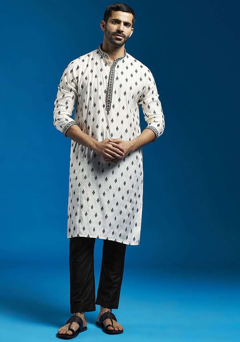 Cream Floral Print Poly Blend Kurta Set For Men - Indya