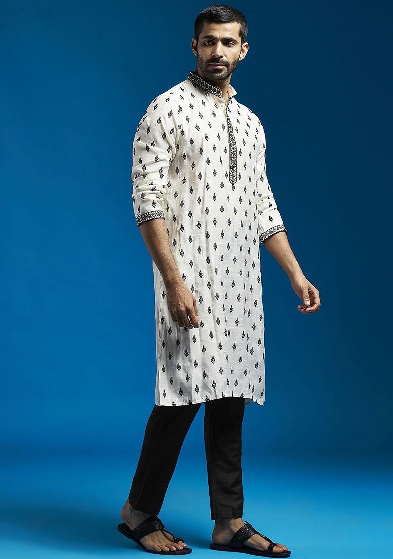Cream Floral Print Poly Blend Kurta Set For Men