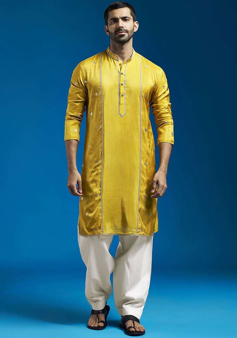 Mustard Floral Print Poly Blend Kurta Set For Men - Indya