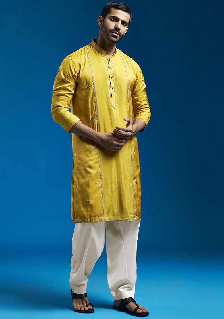 Mustard Floral Print Poly Blend Kurta Set For Men