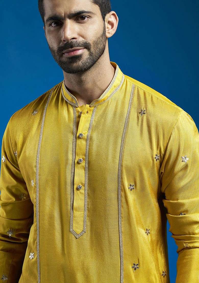 Mustard Floral Print Poly Blend Kurta Set For Men - Indya