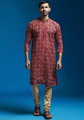 Red Floral Print Poly Blend Kurta Set For Men