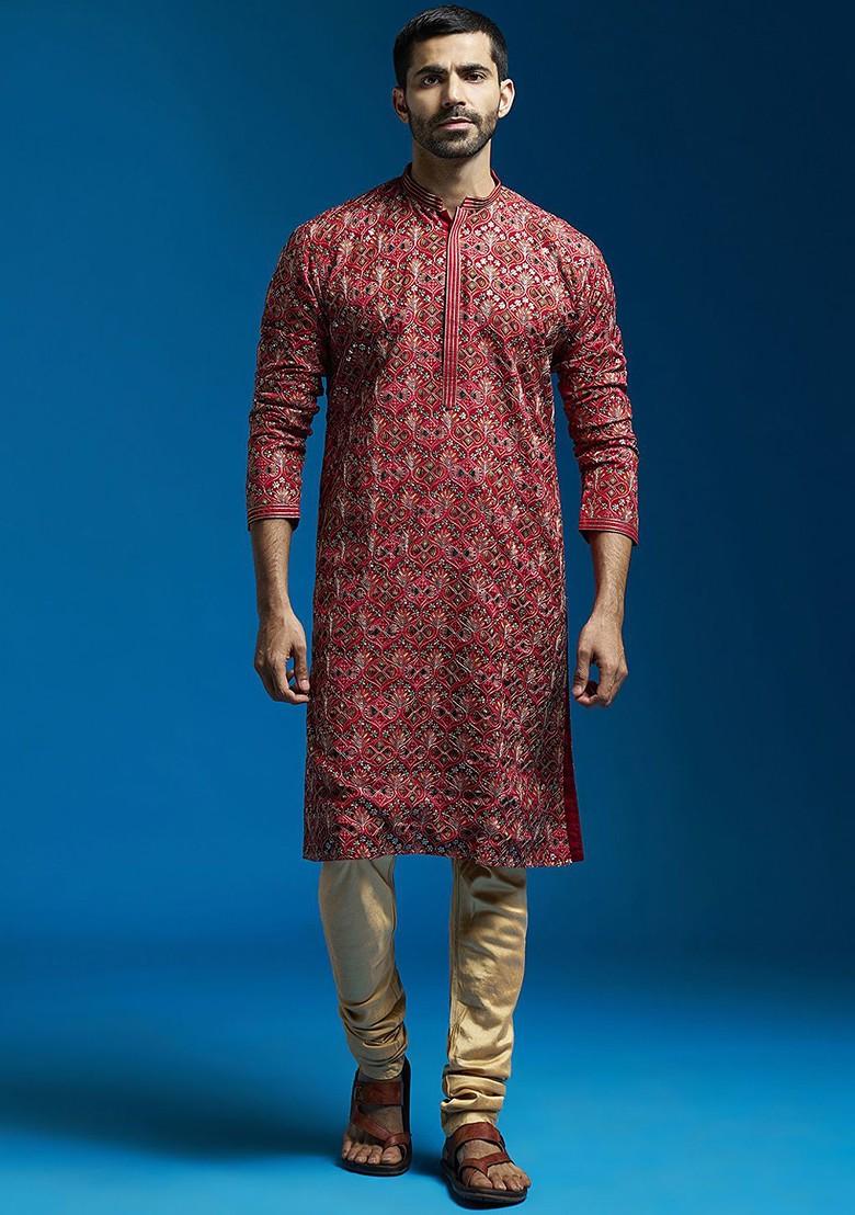 Red Floral Print Poly Blend Kurta Set For Men