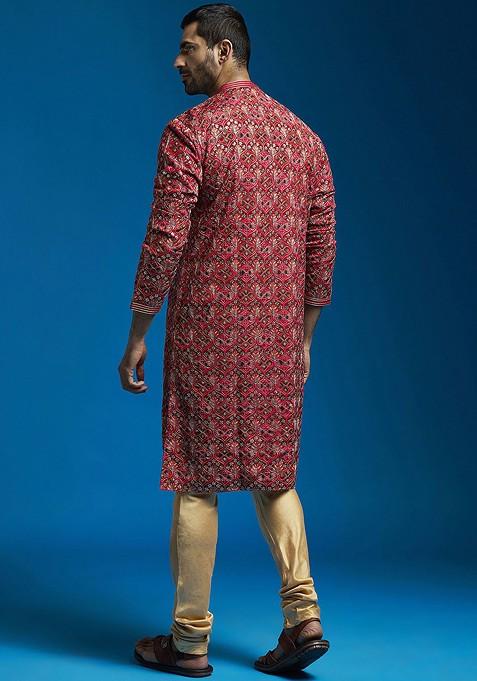 Red Floral Print Poly Blend Kurta Set For Men