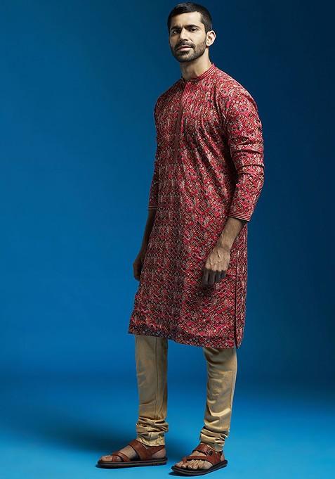 Red Floral Print Poly Blend Kurta Set For Men