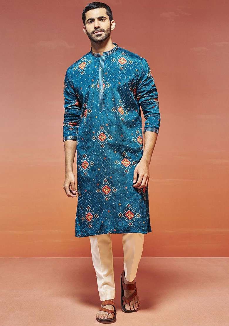 Turquoise Blue Bandhani Print Poly Blend Kurta Set For Men - Indya