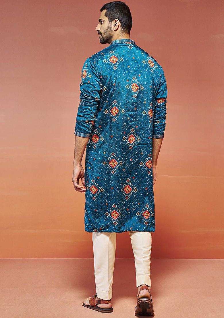 Turquoise Blue Bandhani Print Poly Blend Kurta Set For Men