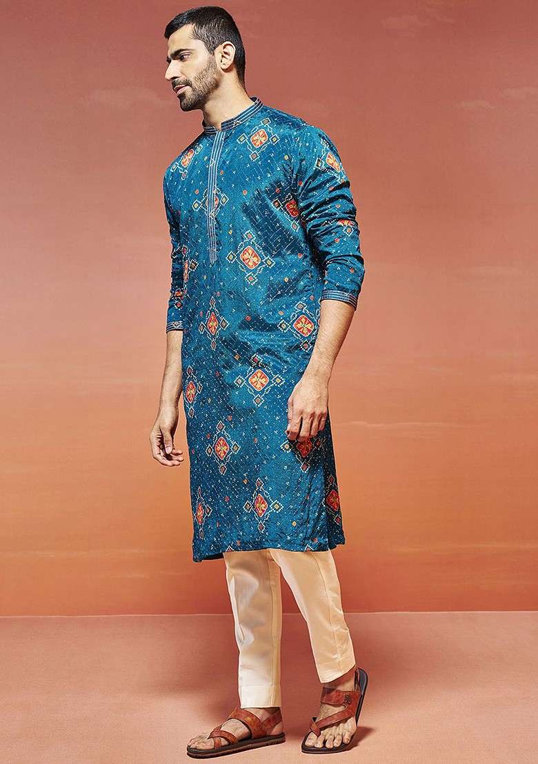 Turquoise Blue Bandhani Print Poly Blend Kurta Set For Men - Indya
