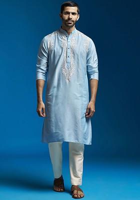 Blue Floral Print Poly Blend Kurta Set For Men