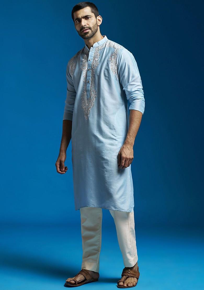 Blue Floral Print Poly Blend Kurta Set For Men