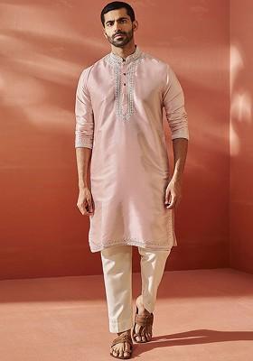 Peach Ethnic Motifs Poly Blend Kurta Set For Men