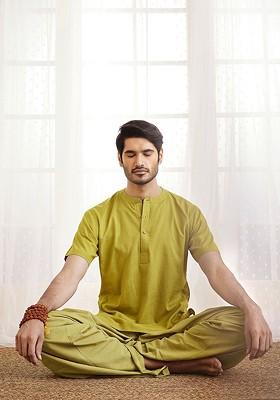 Olive Solid Cotton Kurta Set For Men