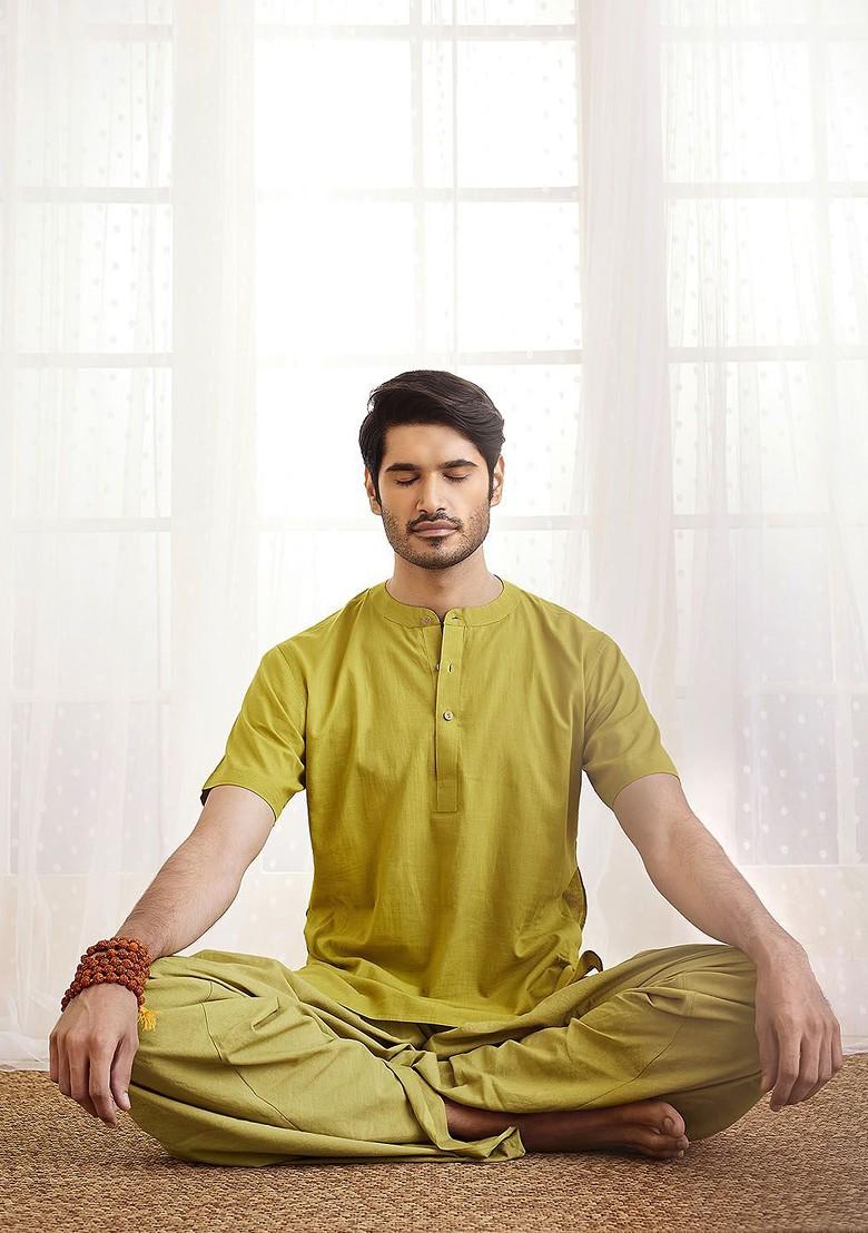 Olive Solid Cotton Kurta Set For Men