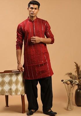 Maroon Embroidered Poly Blend Kurta Set For Men