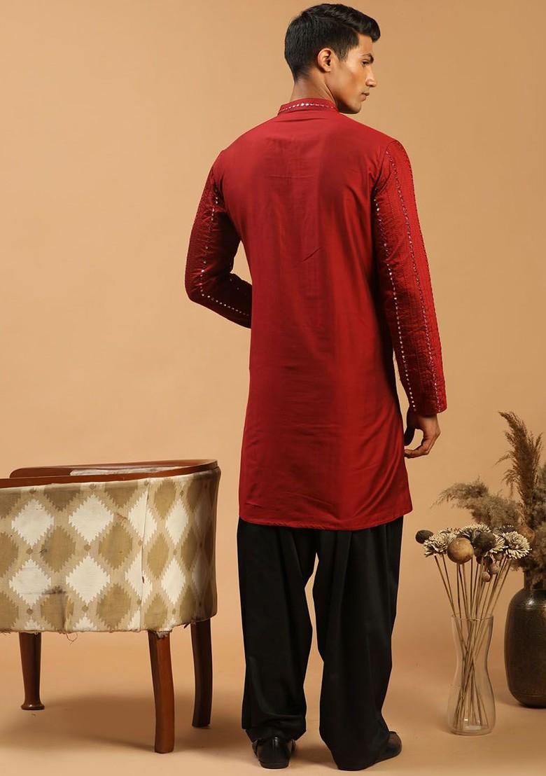 Maroon Embroidered Poly Blend Kurta Set For Men