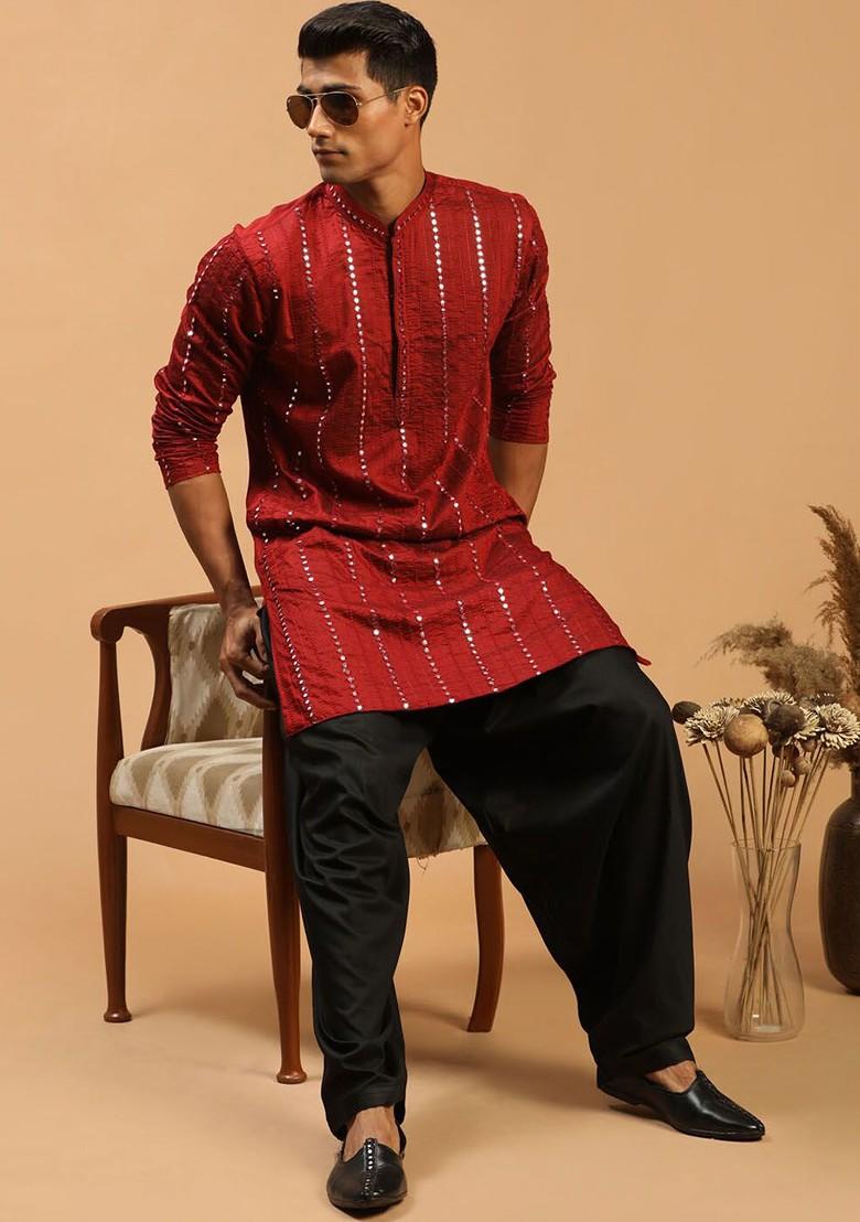 Maroon Embroidered Poly Blend Kurta Set For Men