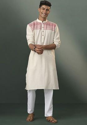 Cream Embroidered Cotton Kurta Set For Men