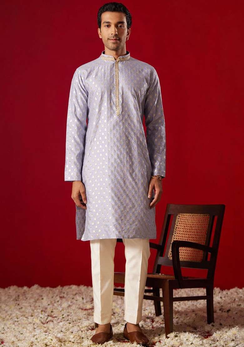 Blue Ethnic Motifs Poly Blend Kurta Set For Men - Indya