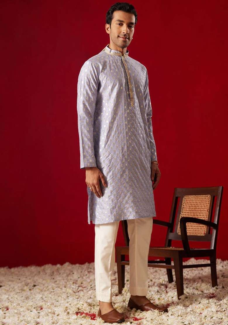 Blue Ethnic Motifs Poly Blend Kurta Set For Men - Indya