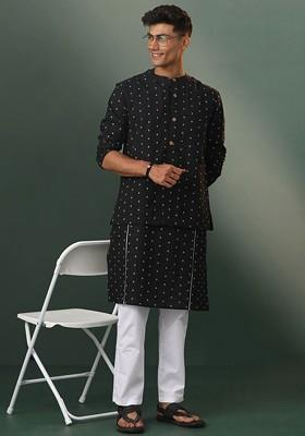 Black Ethnic Motifs Cotton Kurta Set For Men