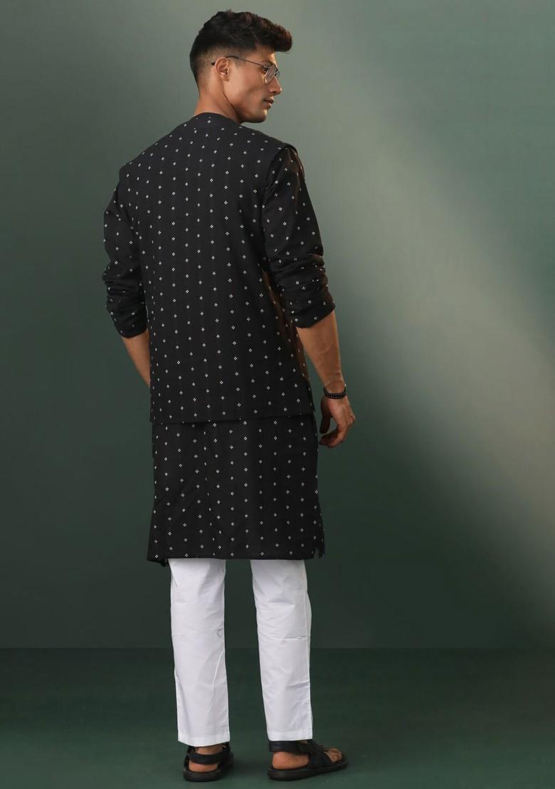 Black Ethnic Motifs Cotton Kurta Set For Men