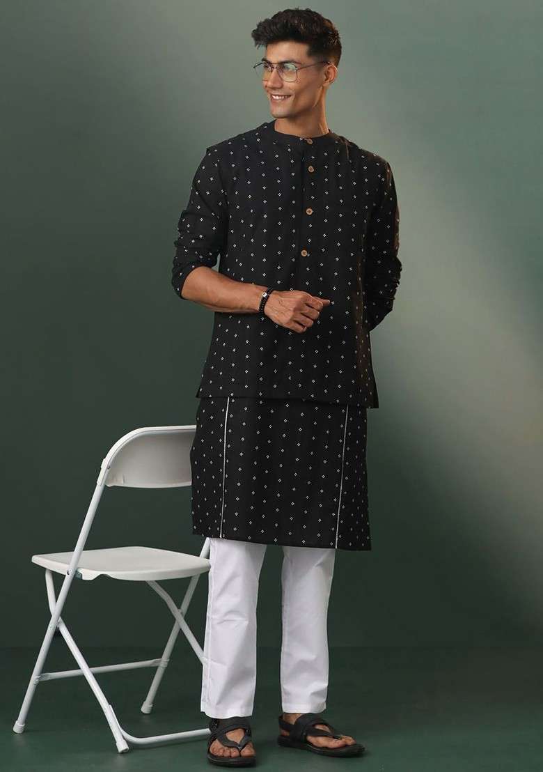 Black Ethnic Motifs Cotton Kurta Set For Men - Indya