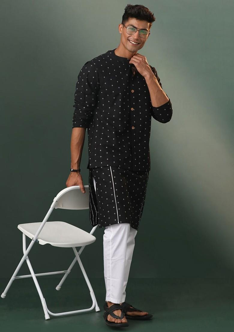 Black Ethnic Motifs Cotton Kurta Set For Men