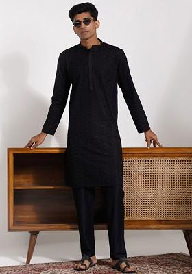 Black Ethnic Motifs Cotton Kurta Set For Men