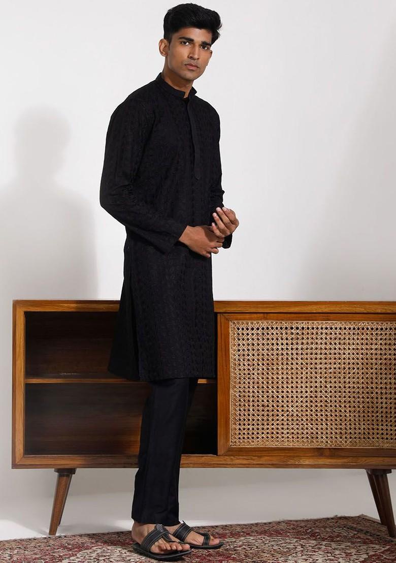 Black Ethnic Motifs Cotton Kurta Set For Men