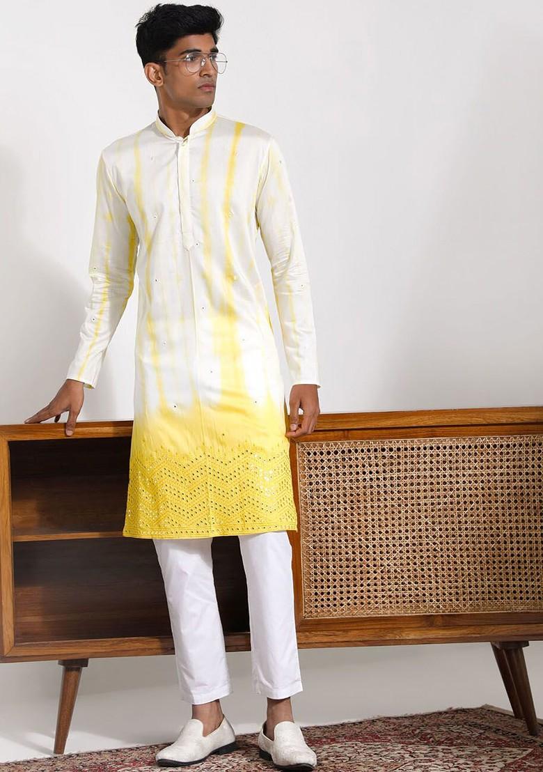 Cream Tie And Dye Poly Blend Kurta Set For Men
