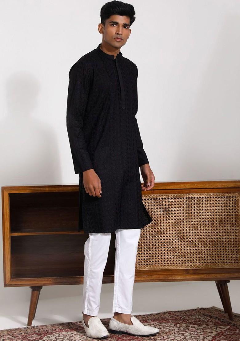 Black Ethnic Motifs Cotton Kurta Set For Men