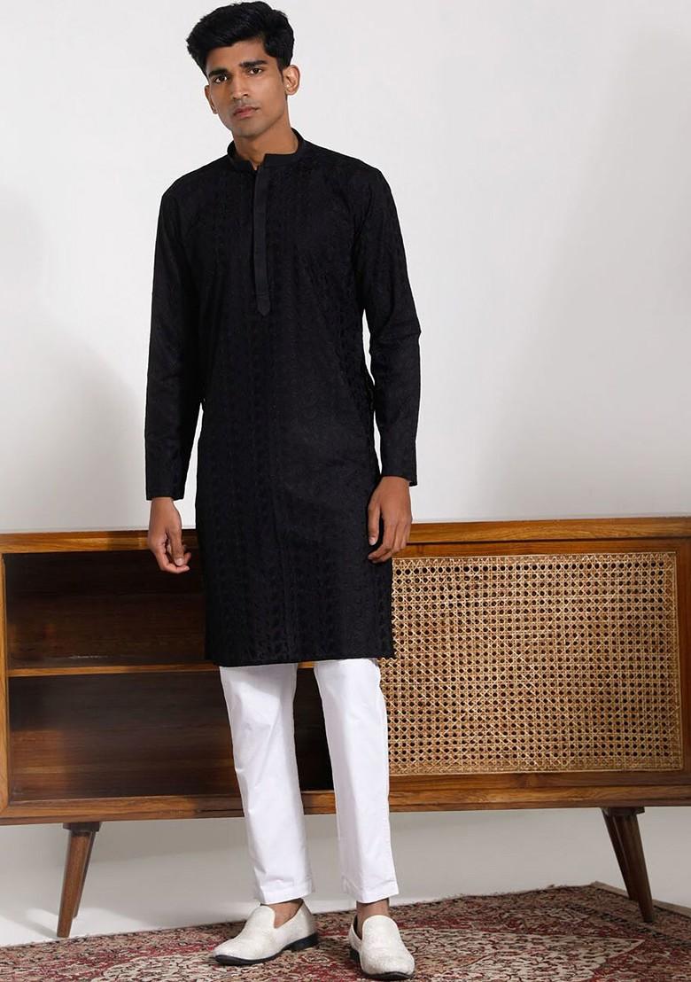 Black Ethnic Motifs Cotton Kurta Set For Men