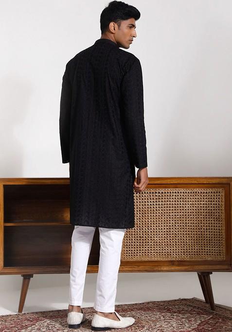 Black Ethnic Motifs Cotton Kurta Set For Men