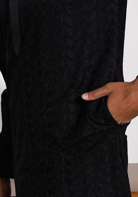 Black Ethnic Motifs Cotton Kurta Set For Men