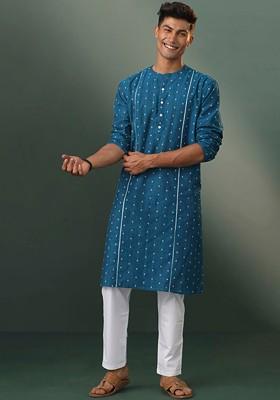 Turquoise Blue Ethnic Motifs Poly Blend Kurta Set For Men