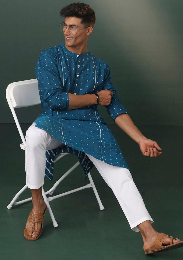 Turquoise Blue Ethnic Motifs Poly Blend Kurta Set For Men