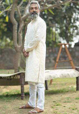 Yellow Ethnic Motifs Poly Blend Kurta Set For Men