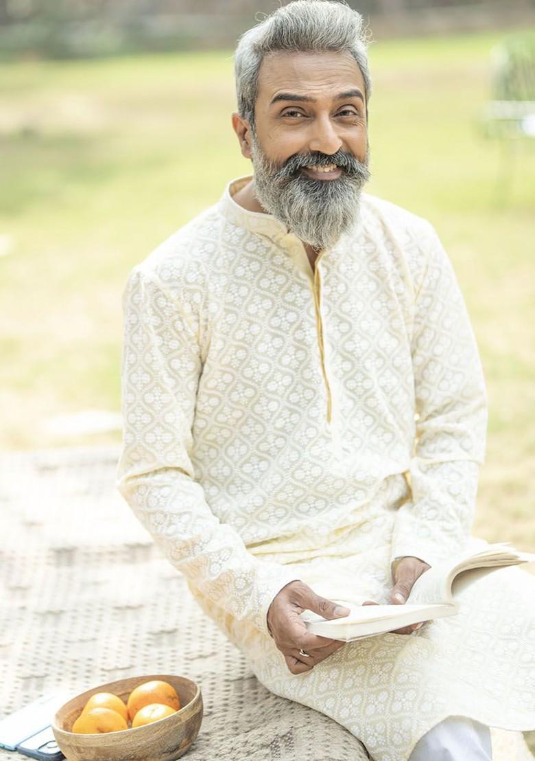 Yellow Ethnic Motifs Poly Blend Kurta Set For Men