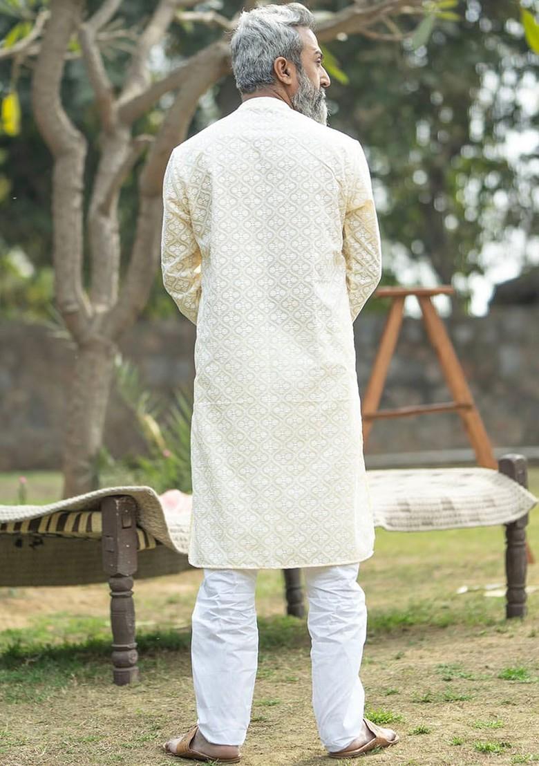 Yellow Ethnic Motifs Poly Blend Kurta Set For Men