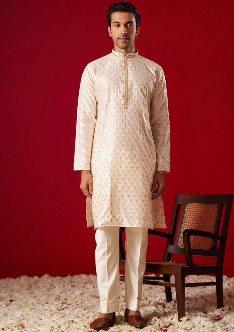 Peach Ethnic Motifs Poly Blend Kurta Set For Men - Indya