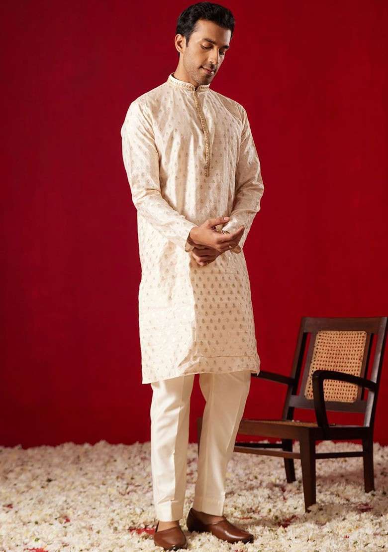 Peach Ethnic Motifs Poly Blend Kurta Set For Men - Indya